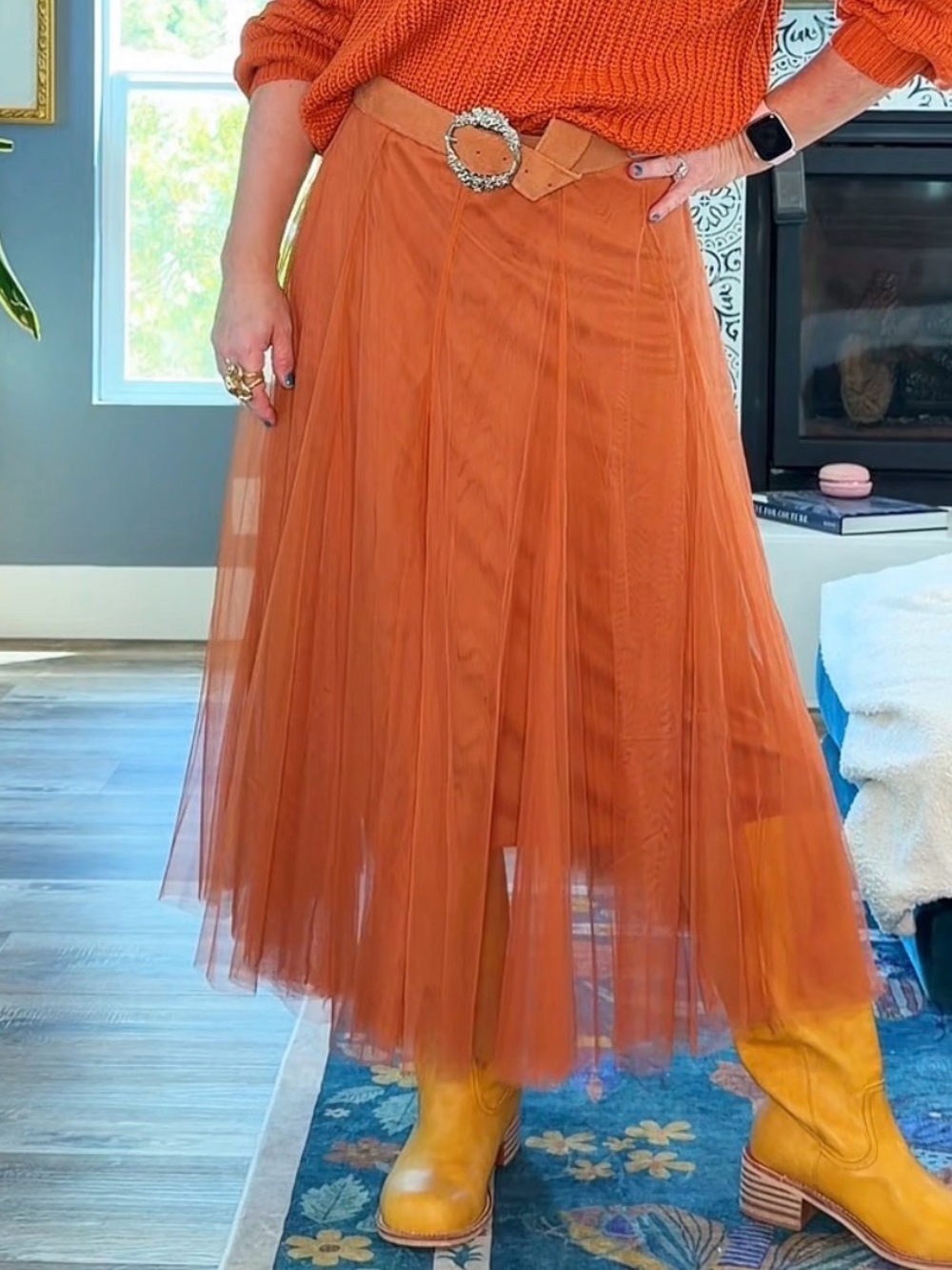 Women's Orange Tulle Midi Skirt - Lightweight Layered Design